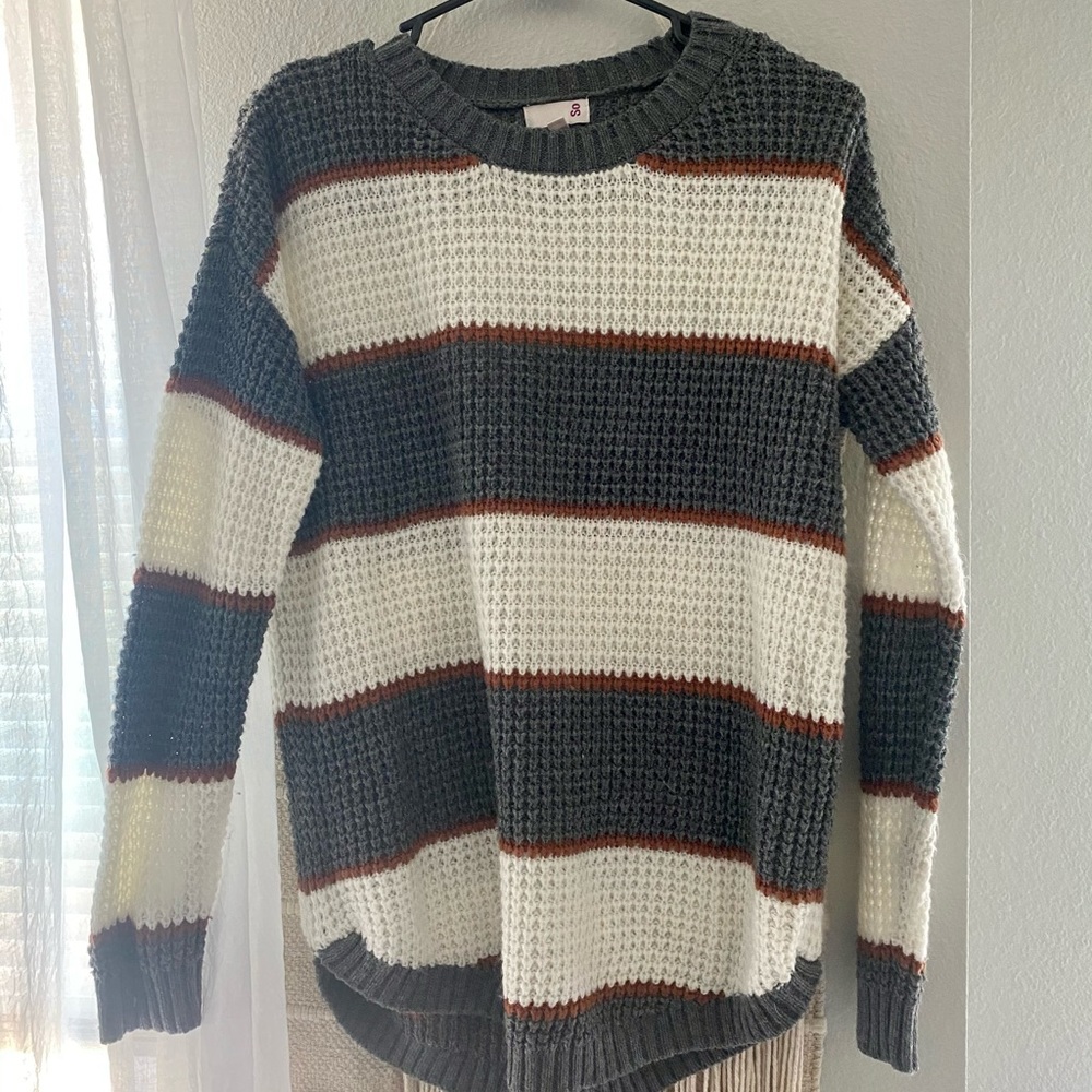 Grey, White & Burnt Orange Striped Sweater